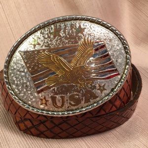 USA engraved eagle and flag buckle leather belt